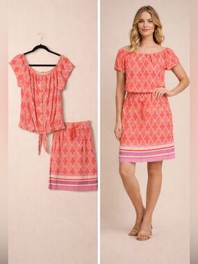🌺 Esqualo 2-Piece Set – Coral Geometric Print 🌺